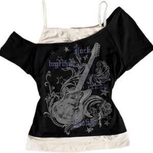 Emo Grunge Shirts Women 2000s Graphic Baby Tees Fake Two Piece Short Sleeve Vintage Y2k Crop Top Goth Alt Clothes