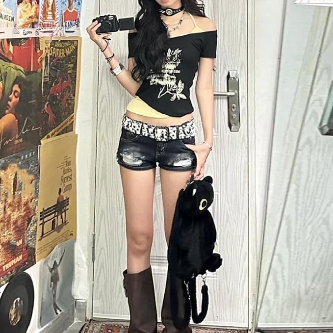 Emo Grunge Shirts Women 2000s Graphic Baby Tees Fake Two Piece Short Sleeve Vintage Y2k Crop Top Goth Alt Clothes - Image 5