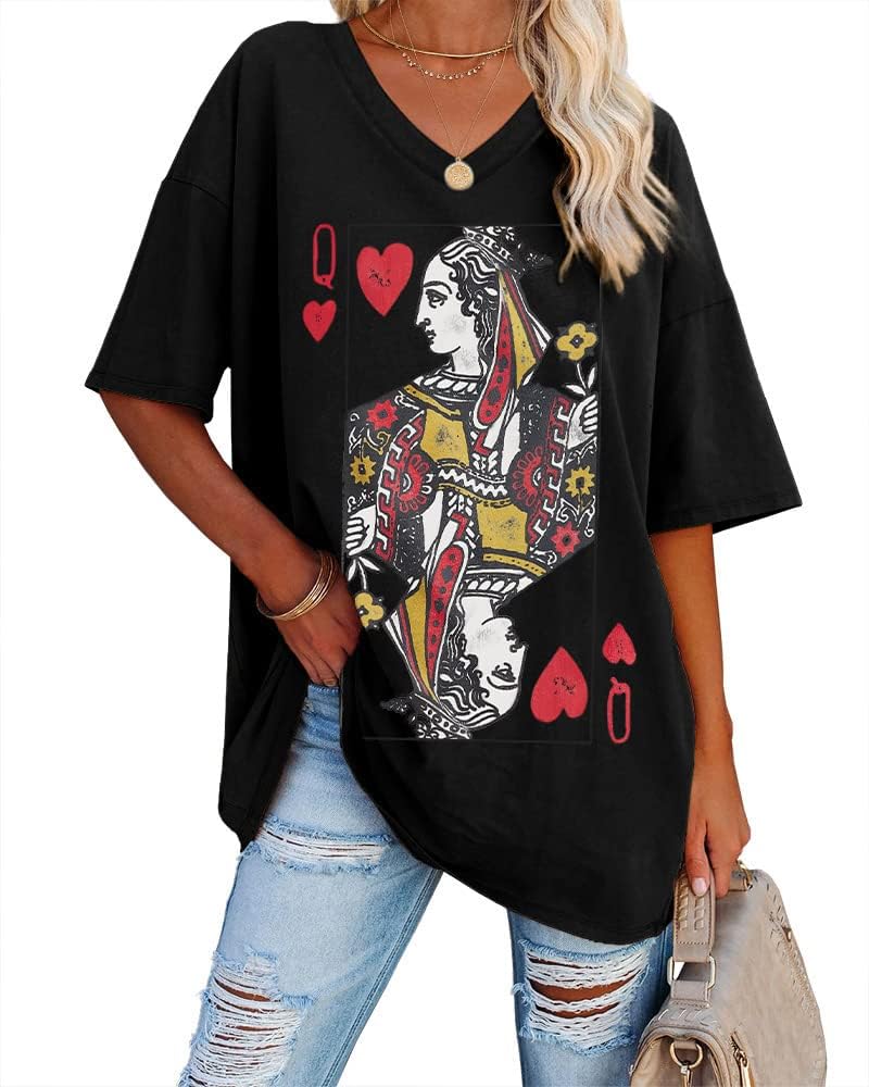 Fazortev Womens Oversized Queen Of Hearts Graphic T Shirts Casual V Neck Half Sleeve Summer Loose Tees Tunic Tops - Image 10