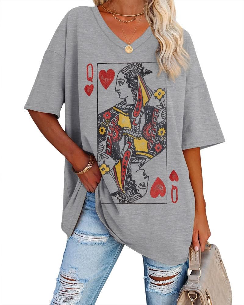 Fazortev Womens Oversized Queen Of Hearts Graphic T Shirts Casual V Neck Half Sleeve Summer Loose Tees Tunic Tops - Image 4