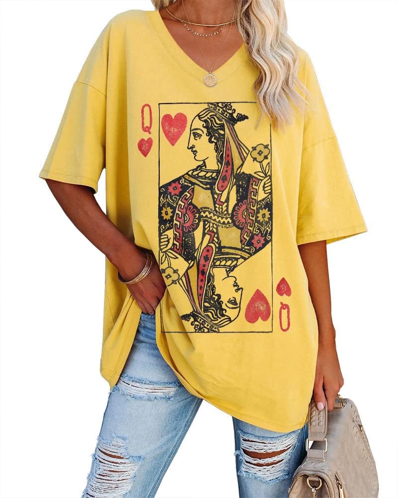 Fazortev Womens Oversized Queen Of Hearts Graphic T Shirts Casual V Neck Half Sleeve Summer Loose Tees Tunic Tops - Image 5