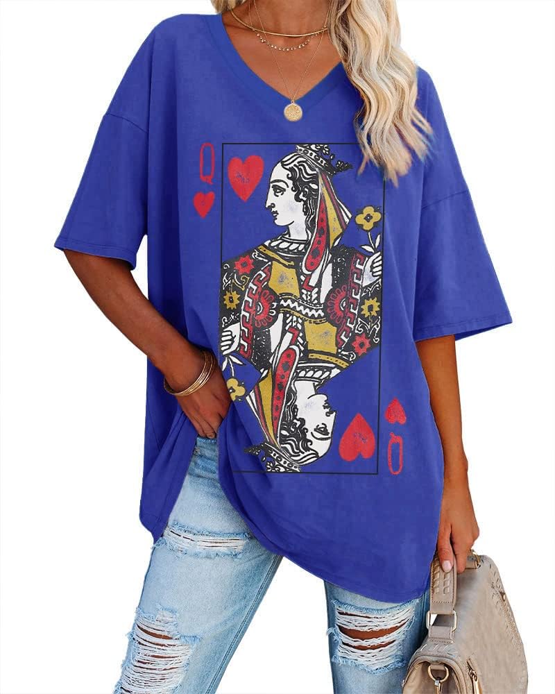 Fazortev Womens Oversized Queen Of Hearts Graphic T Shirts Casual V Neck Half Sleeve Summer Loose Tees Tunic Tops - Image 8