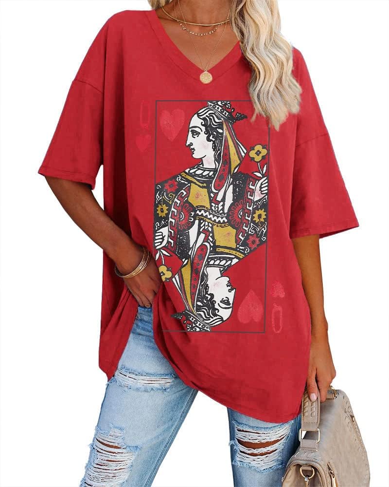 Fazortev Womens Oversized Queen Of Hearts Graphic T Shirts Casual V Neck Half Sleeve Summer Loose Tees Tunic Tops - Image 9