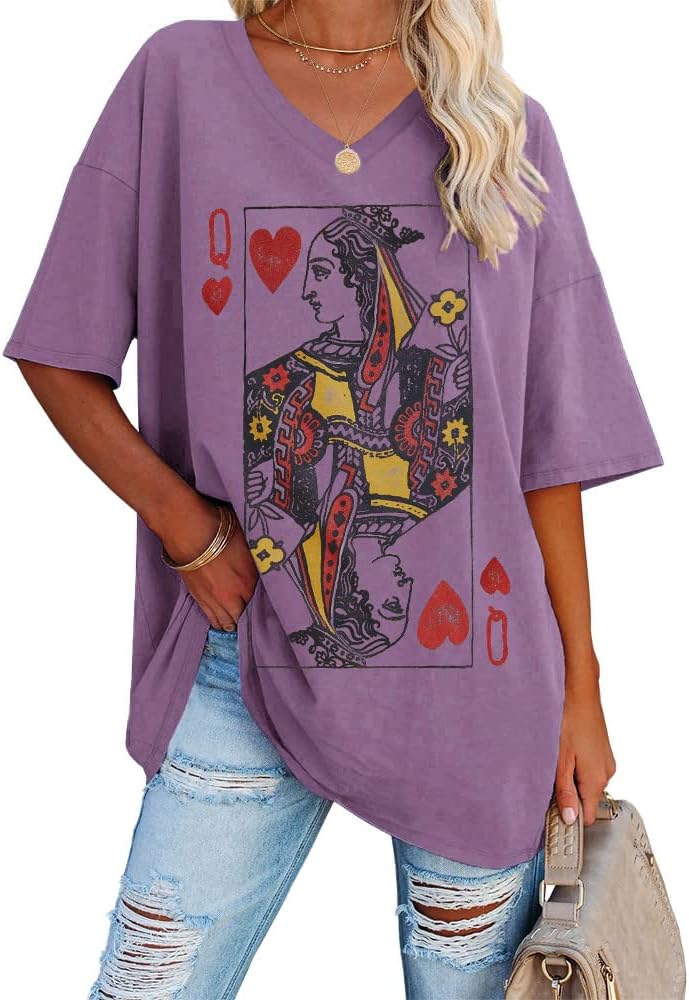 Fazortev Womens Oversized Queen Of Hearts Graphic T Shirts Casual V Neck Half Sleeve Summer Loose Tees Tunic Tops - Image 7