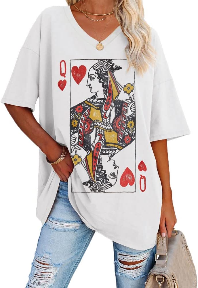 Fazortev Womens Oversized Queen Of Hearts Graphic T Shirts Casual V Neck Half Sleeve Summer Loose Tees Tunic Tops - Image 6