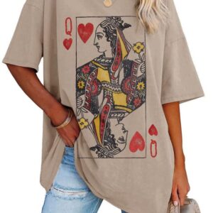 Fazortev Womens Oversized Queen Of Hearts Graphic T Shirts Casual V Neck Half Sleeve Summer Loose Tees Tunic Tops