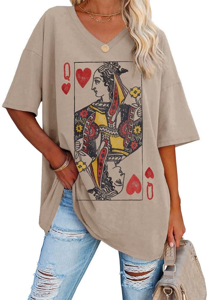 Fazortev Womens Oversized Queen Of Hearts Graphic T Shirts Casual V Neck Half Sleeve Summer Loose Tees Tunic Tops