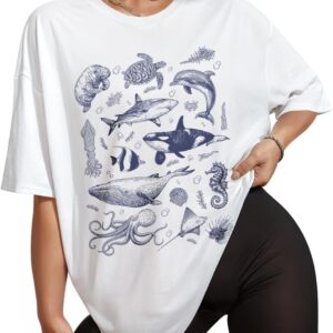 Flafens Oversized Tshirts for Women - T Shirt Graphic Tees Loose Crewneck Pattern Sleeve Cute Print Fashion Summer Tops