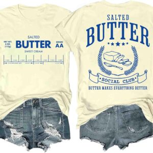 Funny Butter Printed Graphic T-Shirt for Women Salted Butter Foodie Baking Tee Cute Vintage Casual Summer Top