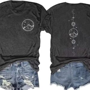 GEKYKOC Moon and Sun Shirts for Women Vintage Graphic Tshirt Mountain Hiking Short Sleeve Tees Vacation Funny Shirt