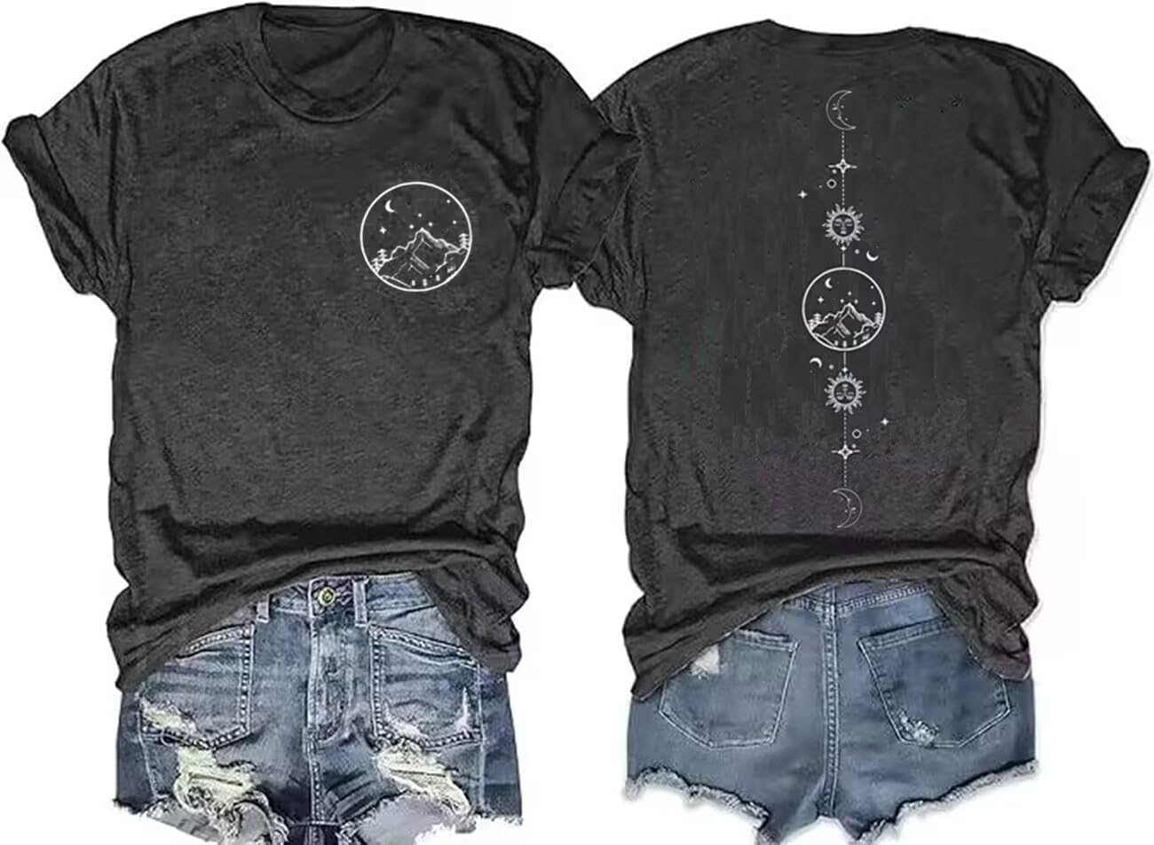 GEKYKOC Moon and Sun Shirts for Women Vintage Graphic Tshirt Mountain Hiking Short Sleeve Tees Vacation Funny Shirt