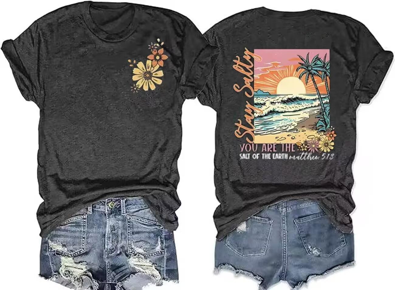 GEKYKOC Moon and Sun Shirts for Women Vintage Graphic Tshirt Mountain Hiking Short Sleeve Tees Vacation Funny Shirt - Image 8