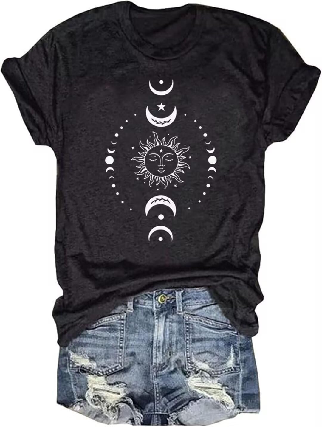 GEKYKOC Moon and Sun Shirts for Women Vintage Graphic Tshirt Mountain Hiking Short Sleeve Tees Vacation Funny Shirt - Image 18