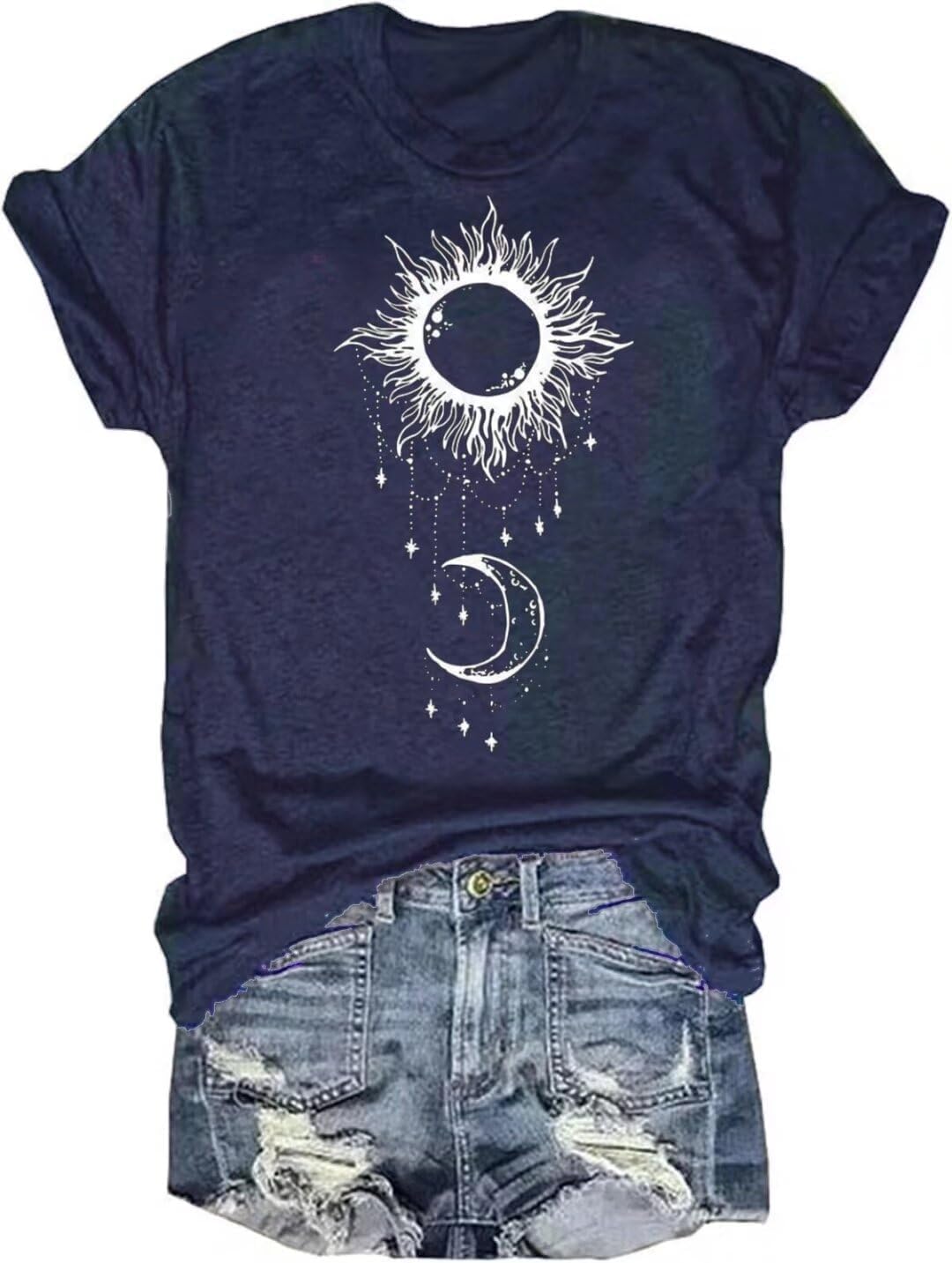 GEKYKOC Moon and Sun Shirts for Women Vintage Graphic Tshirt Mountain Hiking Short Sleeve Tees Vacation Funny Shirt - Image 19