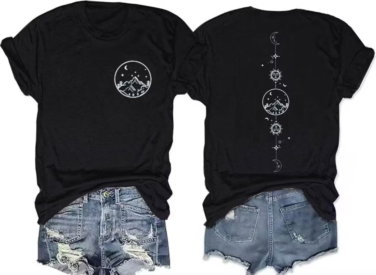 GEKYKOC Moon and Sun Shirts for Women Vintage Graphic Tshirt Mountain Hiking Short Sleeve Tees Vacation Funny Shirt - Image 22