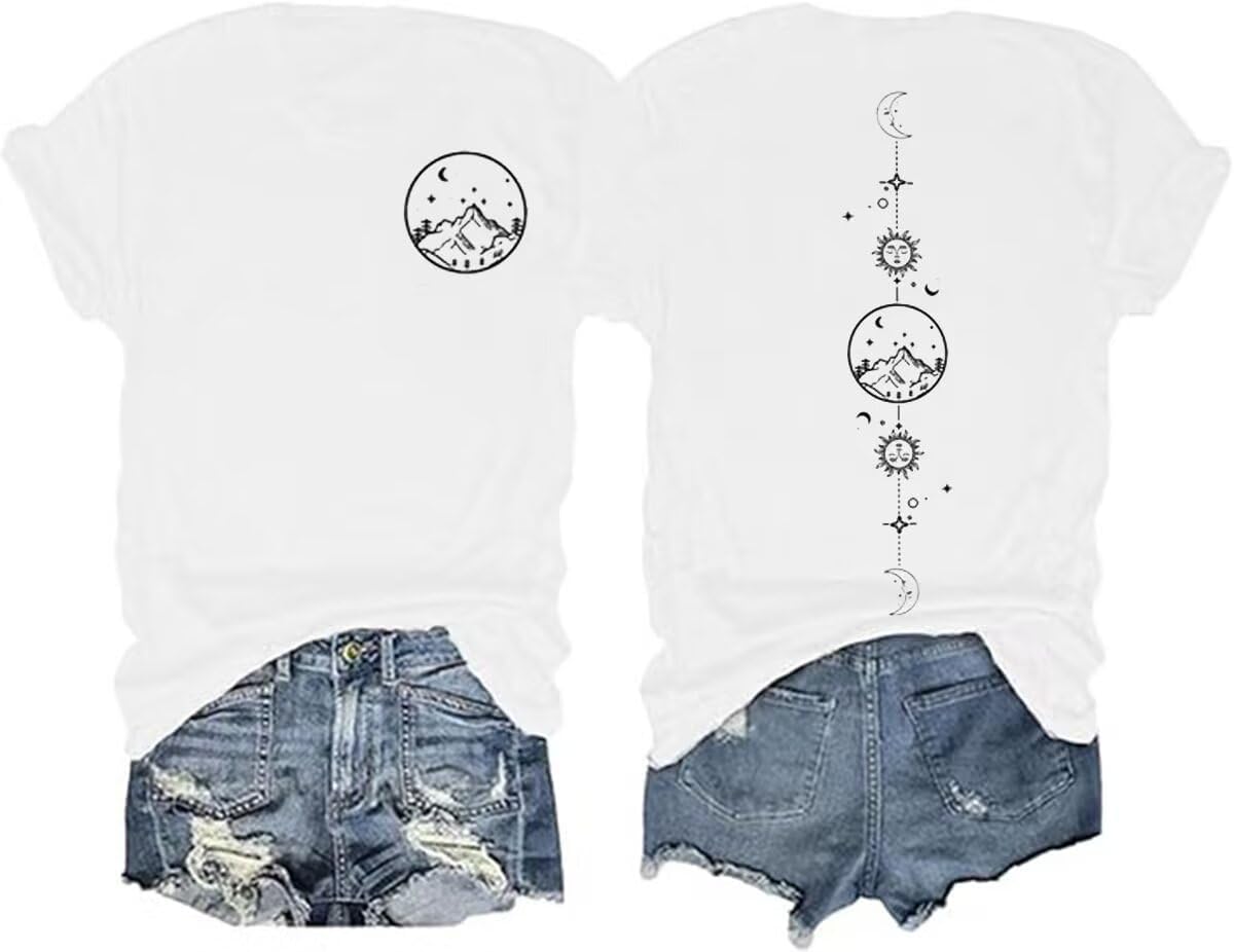 GEKYKOC Moon and Sun Shirts for Women Vintage Graphic Tshirt Mountain Hiking Short Sleeve Tees Vacation Funny Shirt - Image 10