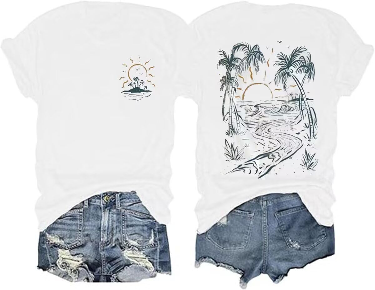 GEKYKOC Moon and Sun Shirts for Women Vintage Graphic Tshirt Mountain Hiking Short Sleeve Tees Vacation Funny Shirt - Image 17