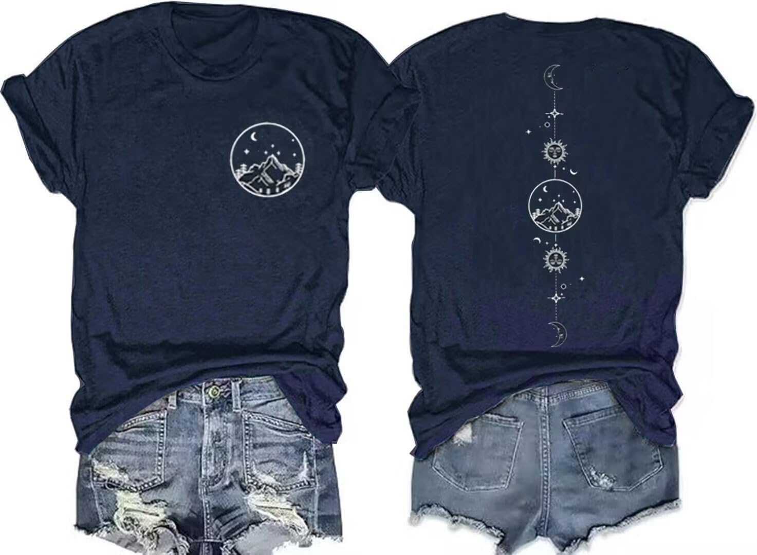 GEKYKOC Moon and Sun Shirts for Women Vintage Graphic Tshirt Mountain Hiking Short Sleeve Tees Vacation Funny Shirt - Image 14