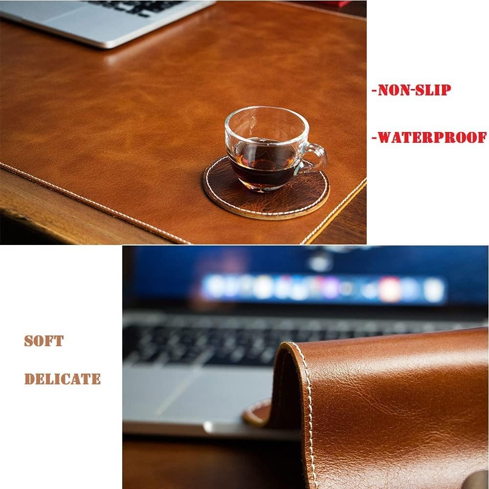 Genuine Leather Large Desk Pad Protector, Office Desk Mat, Mouse Pad, Non-Slip Leather Desk Blotter, Laptop Desk Pad, Desk Writing Pad for Office and Home (24''x16'', Yellow Tan Antique) - Image 4