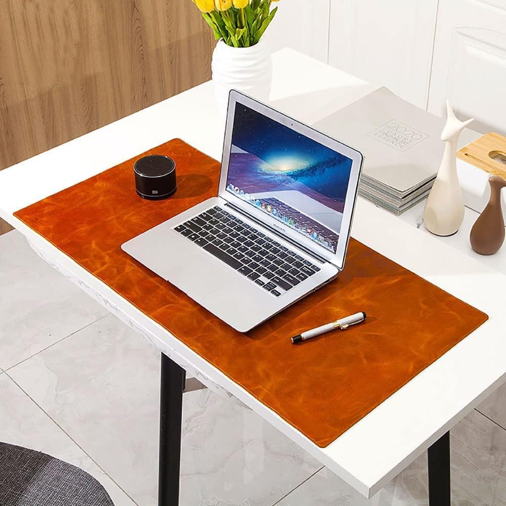 Genuine Leather Large Desk Pad Protector, Office Desk Mat, Mouse Pad, Non-Slip Leather Desk Blotter, Laptop Desk Pad, Desk Writing Pad for Office and Home (36''x17'', Yellow Tan Antique)
