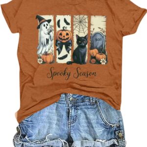 Halloween Teacher Shirts for Women Reading Books T-Shirt Funny Spooky Bookish Tee Halloween Short Sleeve Tops