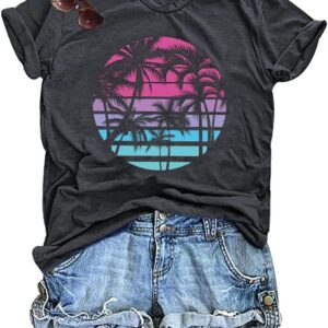 Hawaiian Shirts for Women Palm Trees Beach Graphic Tee Tops Summer Vacation Short Sleeve Tshirt Tops