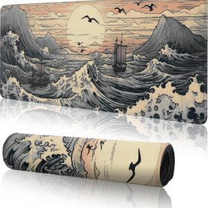 Japanese Sea Waves Large Gaming Mouse Pad,XL Mouse Pad Gaming Mouse Mat Desk Pad,31.5 x 11.8in Desk Mat Anime Mouse Pads for Desk,Extended Keyboard Pad Mousepad with Non-Slip Base and Stitched Edge