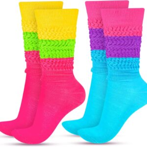 JenPen 2 Pairs Neon Slouch Socks for Women 80s 90s Scrunch Socks Soft Extra Long Size 9 to 10