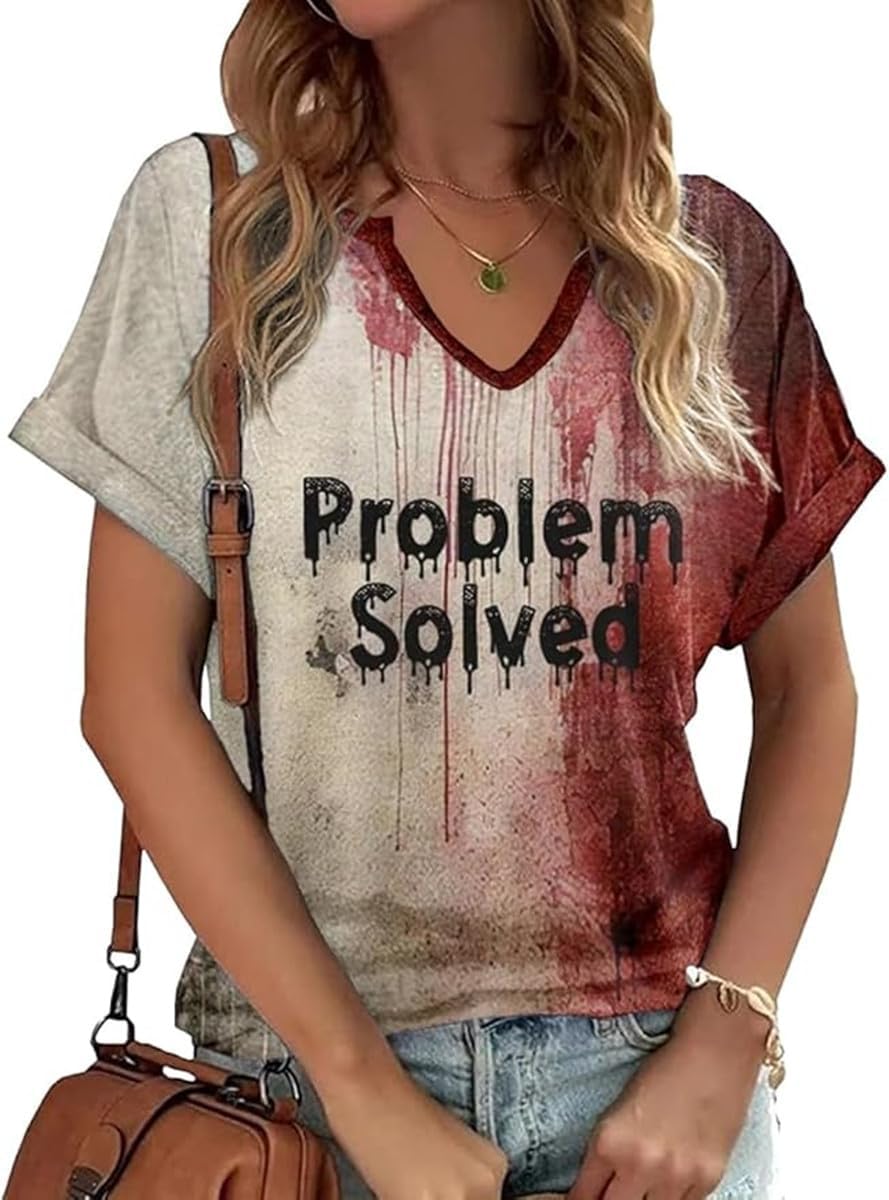 kfulemai Womens I'm Fine Bloody Halloween Shirt Sanderson Sisters Short Sleeve Problem Solved Blood Horror Graphic Tee - Image 2