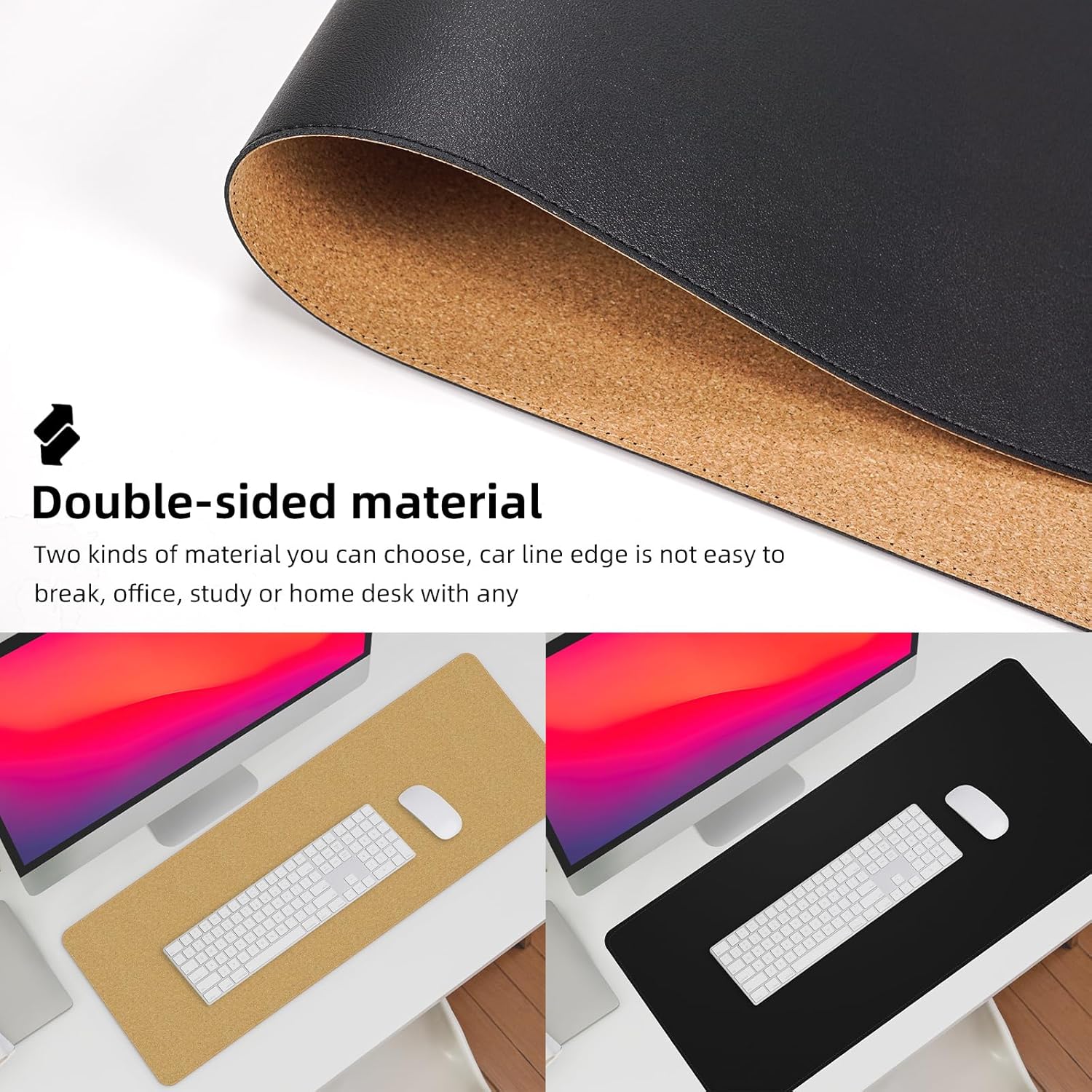 Large Desk Mat 47.2" x 17" Leather Desk Pad Protector with Natural Cork & PU Leather, Non-Slip Office Desk Mat, Large Mouse Pad, Waterproof Desk Blotter pad for Office&Home(Black) - Image 4