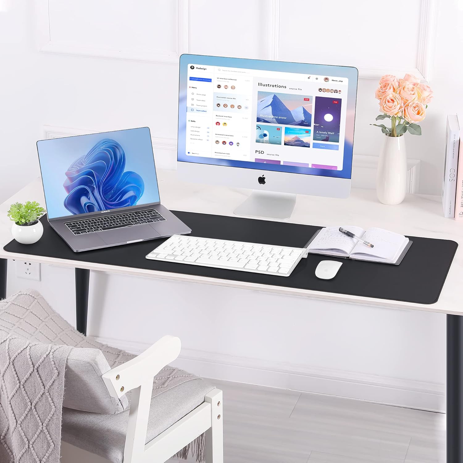 Large Desk Mat 47.2" x 17" Leather Desk Pad Protector with Natural Cork & PU Leather, Non-Slip Office Desk Mat, Large Mouse Pad, Waterproof Desk Blotter pad for Office&Home(Black) - Image 2