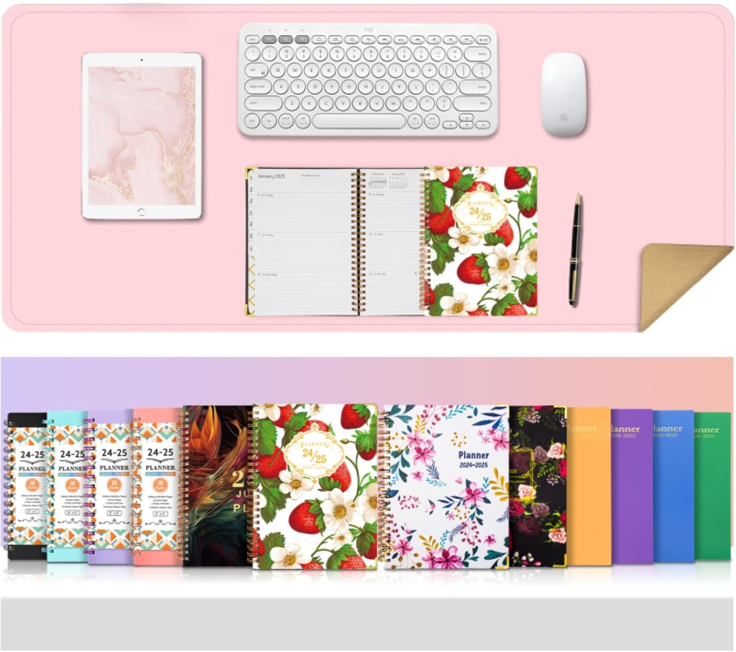 Leather Desk Pad Mat, Non-Slip Desk Protector with Wrist Rest Weekly Monthly Planner