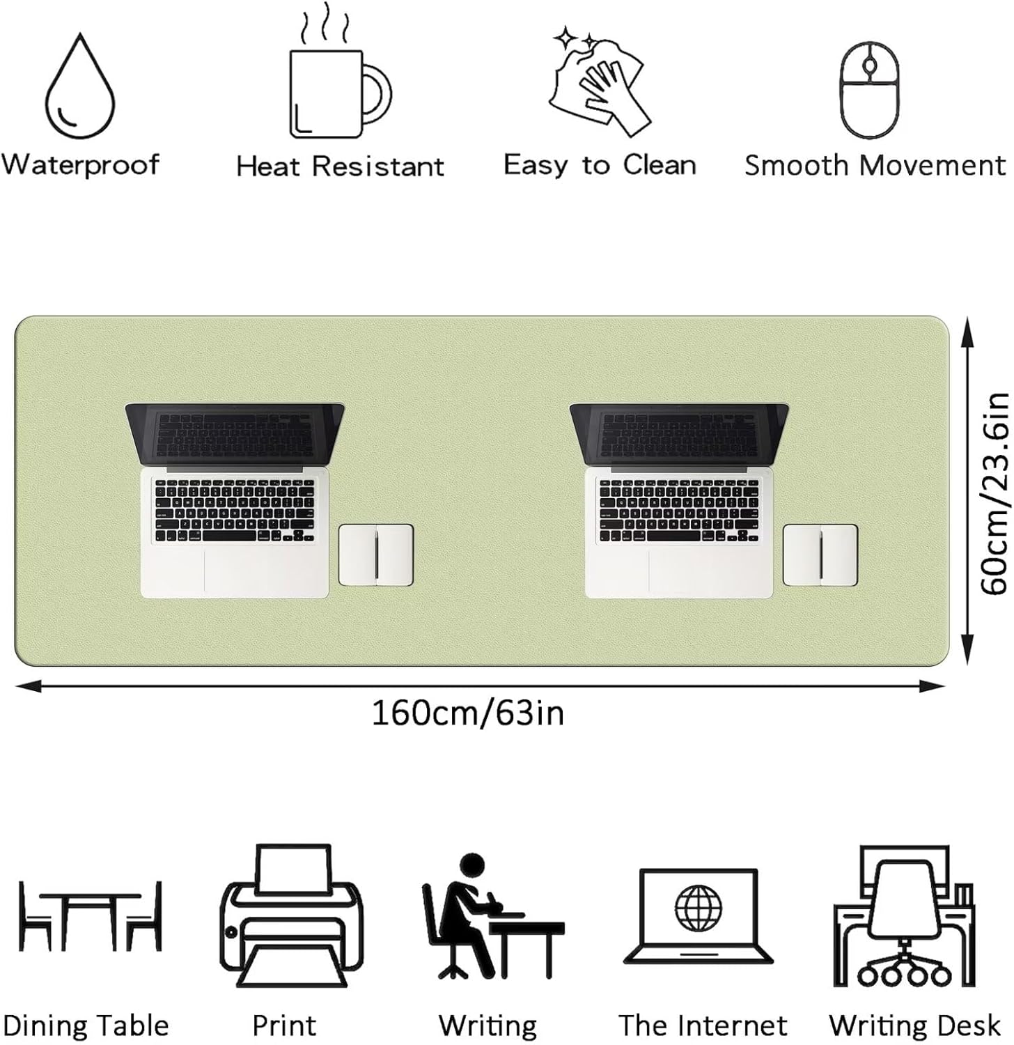 LL-COEUR Extra Large PU Leather Desk Mat Matcha Green Large Mouse Pad XXL Waterproof Table Mat Office Laptop Writing Pad (63 x 23.6 inch) - Image 3