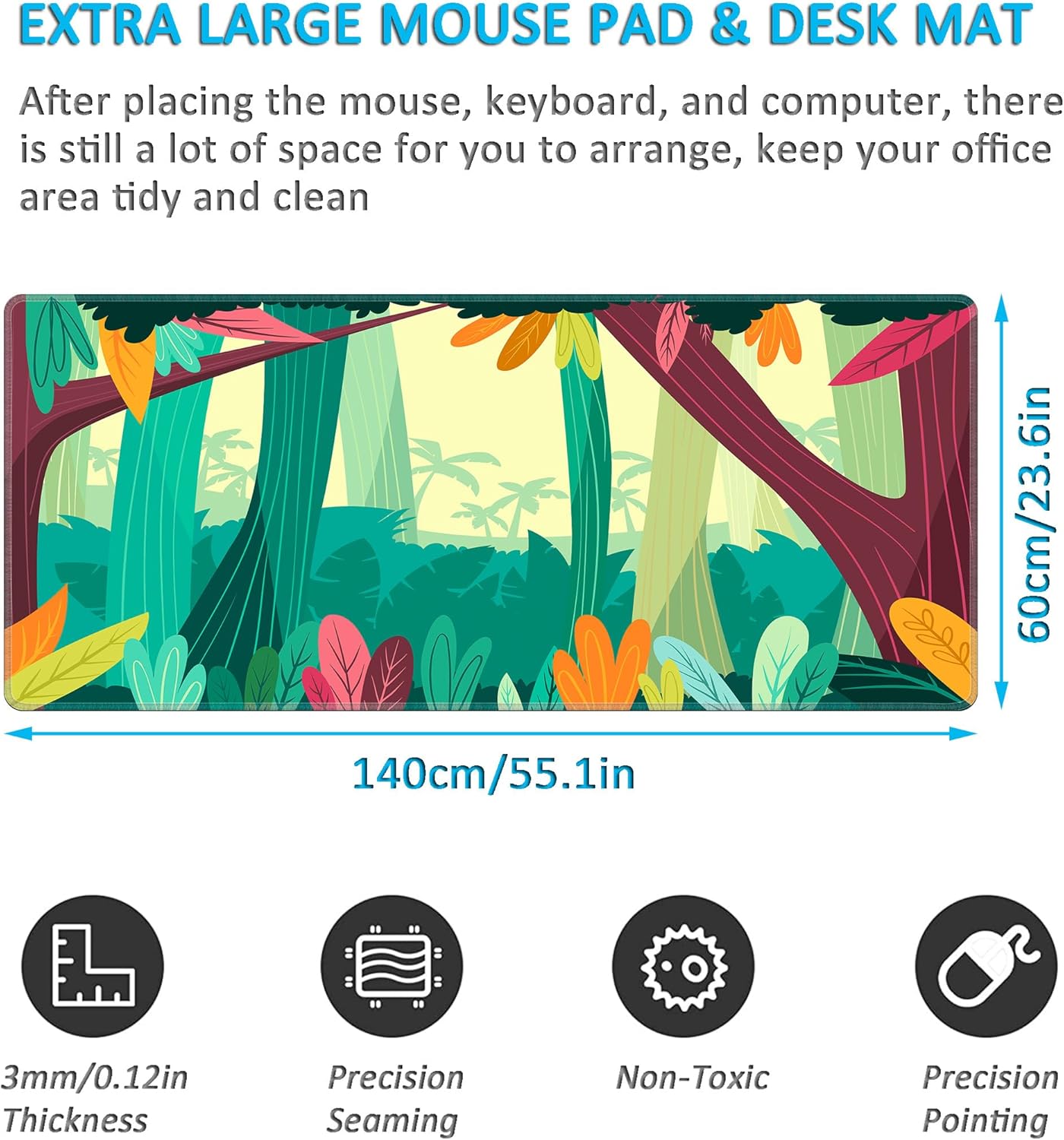 LL-COEUR Green Plant Extended Mouse Mat 55.1x23.6x0.12inch Laptop Keyboard Pad with Non-Slip Rubber Base Long Desk Topper Mat for Gaming Office Home - Image 2