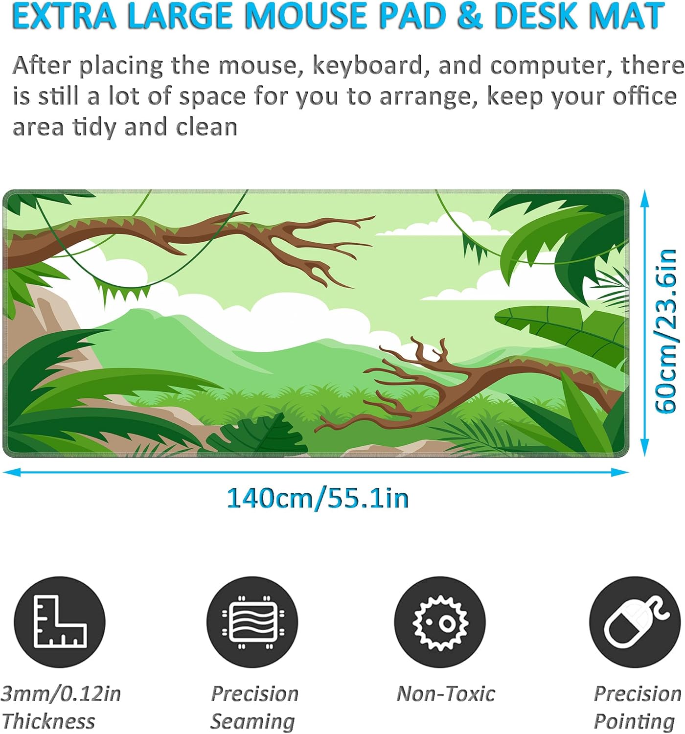 LL-COEUR Green Plant Extended Mouse Mat 55.1x23.6x0.12inch Laptop Keyboard Pad with Non-Slip Rubber Base Long Desk Topper Mat for Gaming Office Home L - Image 2