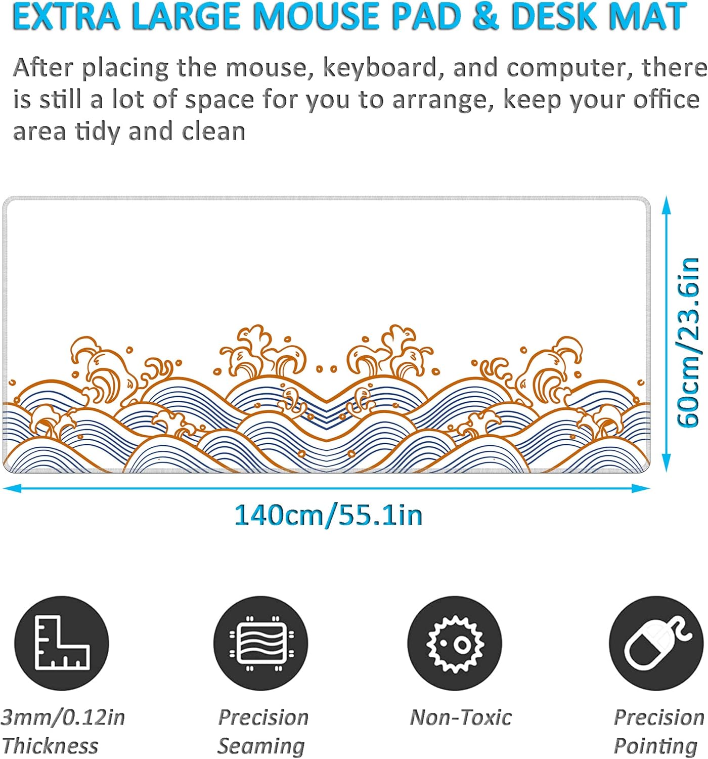 LL-COEUR Sea Wave Large Gaming Mouse Pad 55.1x23.6x0.12inch Long Computer Mouse Mat with Non-Slip Base Stitched Edges Office Desk Accessories Gifts XL - Image 2