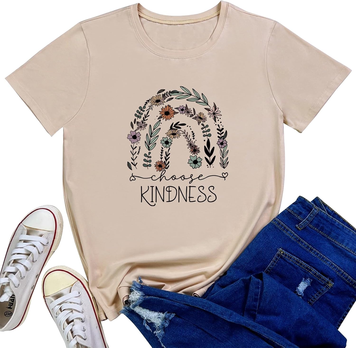 LOOKFACE Womens Floral Kindness Top Cute Graphic Tee Shirts