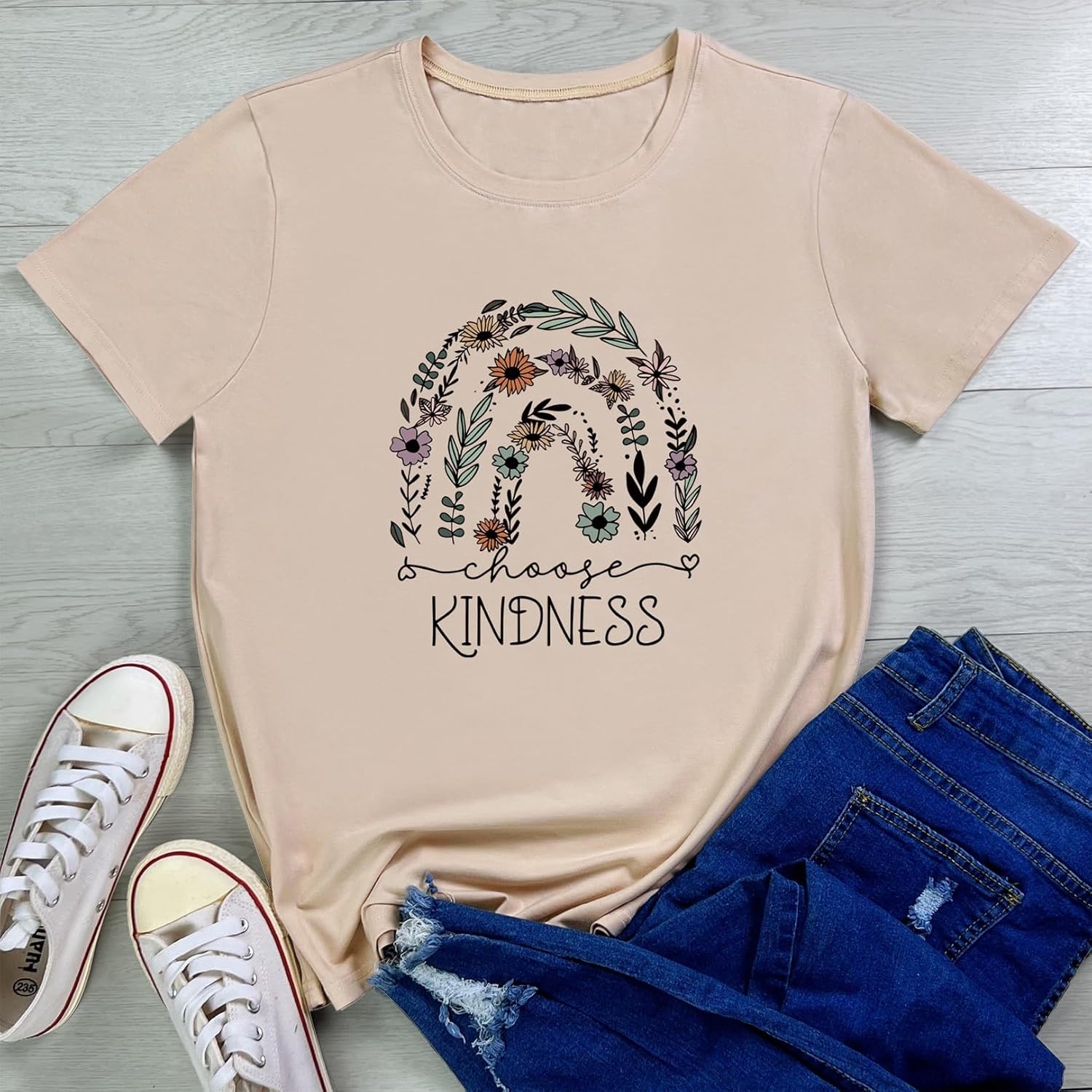 LOOKFACE Womens Floral Kindness Top Cute Graphic Tee Shirts - Image 2