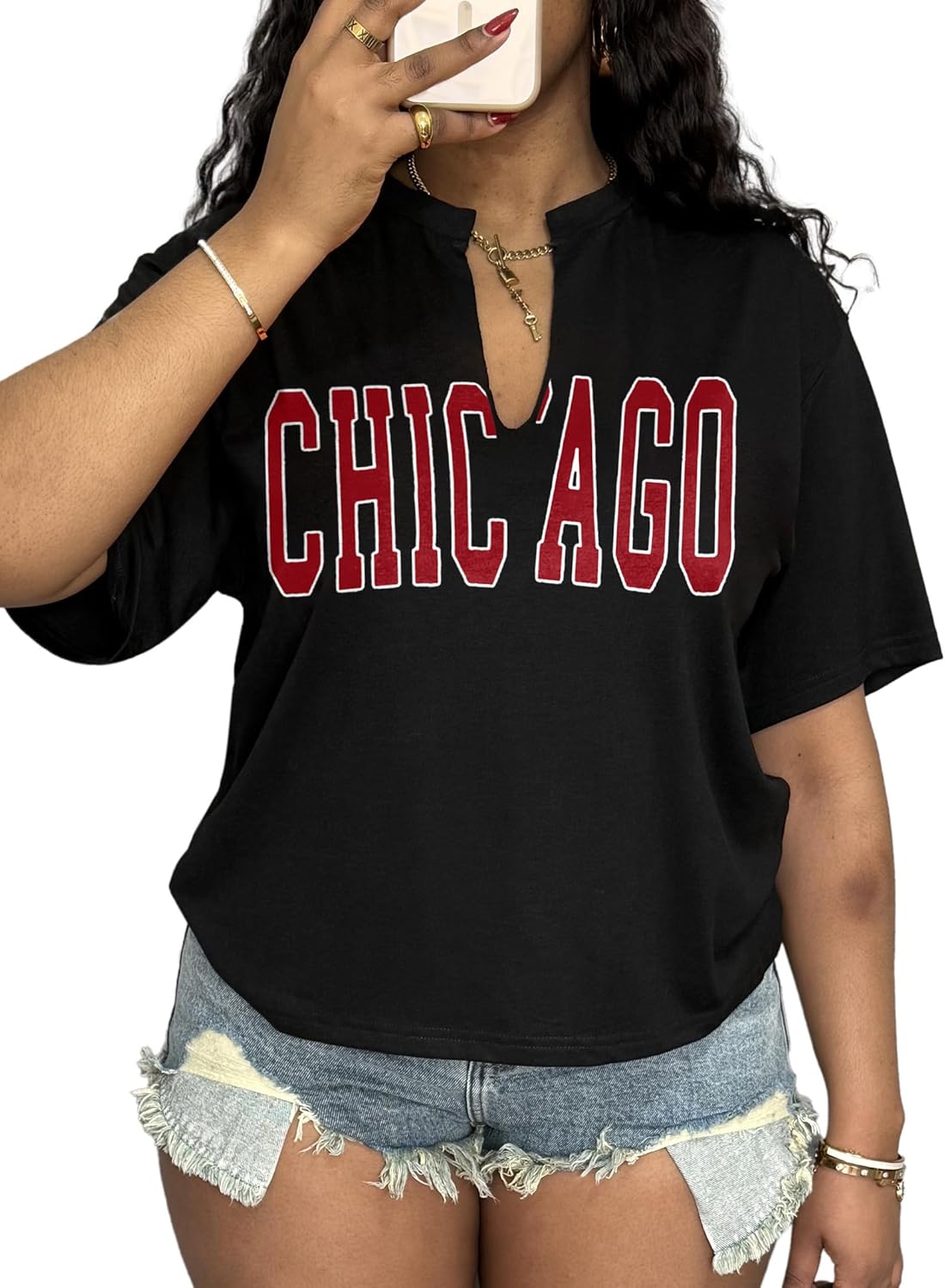 LovelyWholesale Womens Graphic Tees V Neck Short Sleeve T Shirt Loose Casual Summer Tops