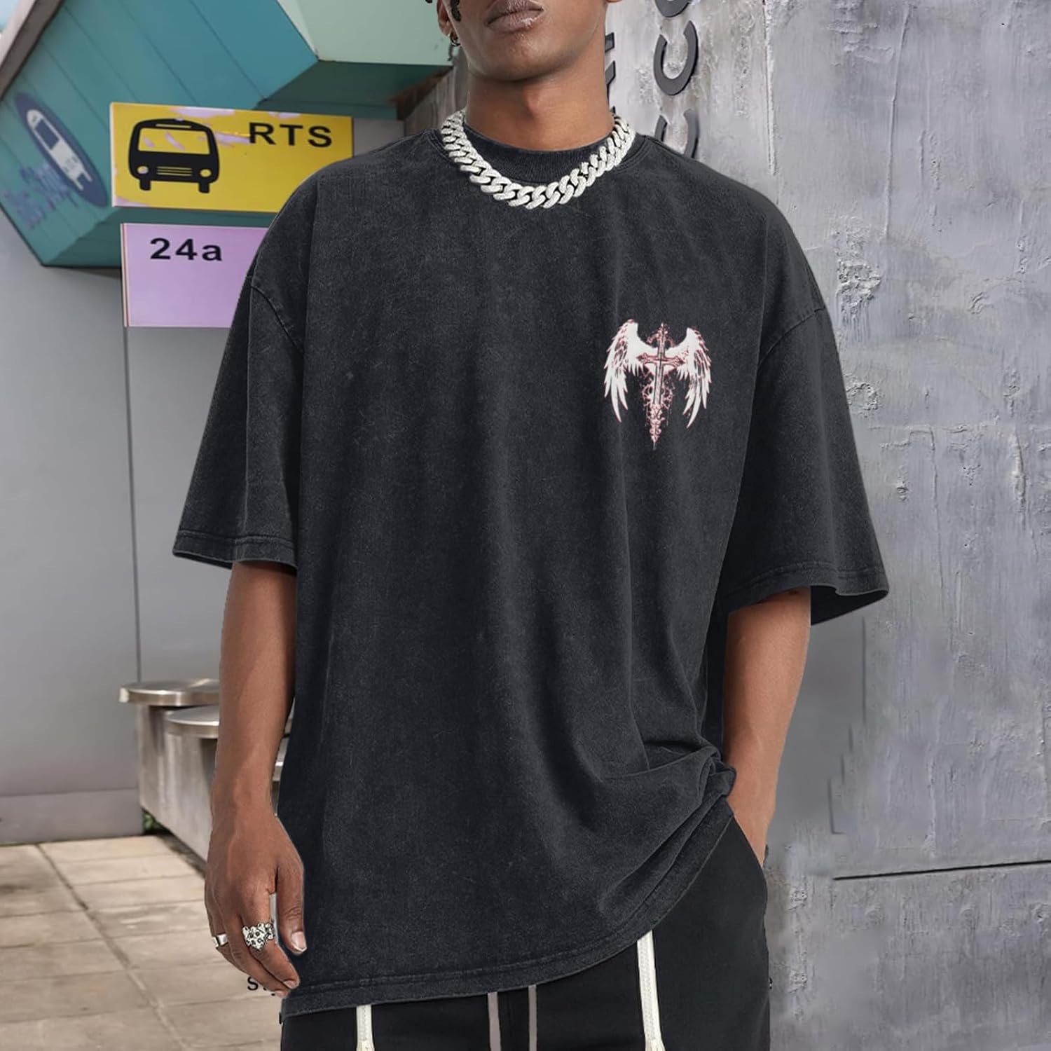 Lytiarul Vintage Goth Punk Shirts for Men Grunge Streetwear Oversized Tshirts Gothic Cross Y2k Graphic Tees Acid Wash T Shirt - Image 2