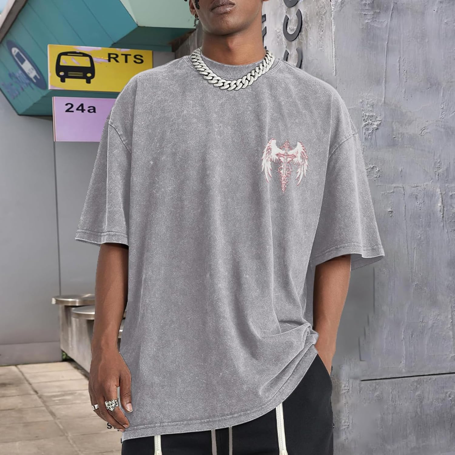 Lytiarul Vintage Goth Punk Shirts for Men Grunge Streetwear Oversized Tshirts Gothic Cross Y2k Graphic Tees Acid Wash T Shirt - Image 2