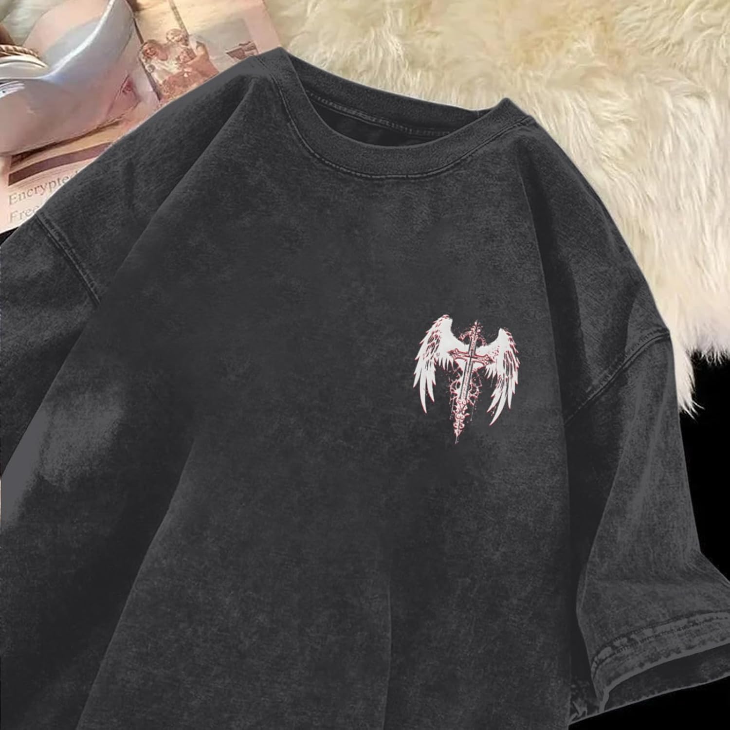 Lytiarul Vintage Goth Punk Shirts for Men Grunge Streetwear Oversized Tshirts Gothic Cross Y2k Graphic Tees Acid Wash T Shirt - Image 5