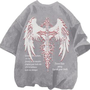 Lytiarul Vintage Goth Punk Shirts for Men Grunge Streetwear Oversized Tshirts Gothic Cross Y2k Graphic Tees Acid Wash T Shirt