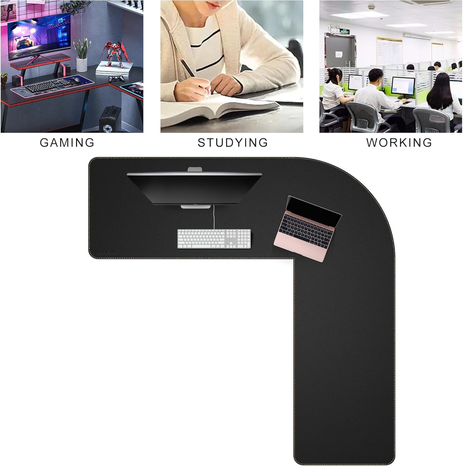 MAIDERN (59" + 59") x 19.6" Black Large L Shaped Desk Mat - Leather Gaming Corner Desk Pad for Office Computer - Image 5