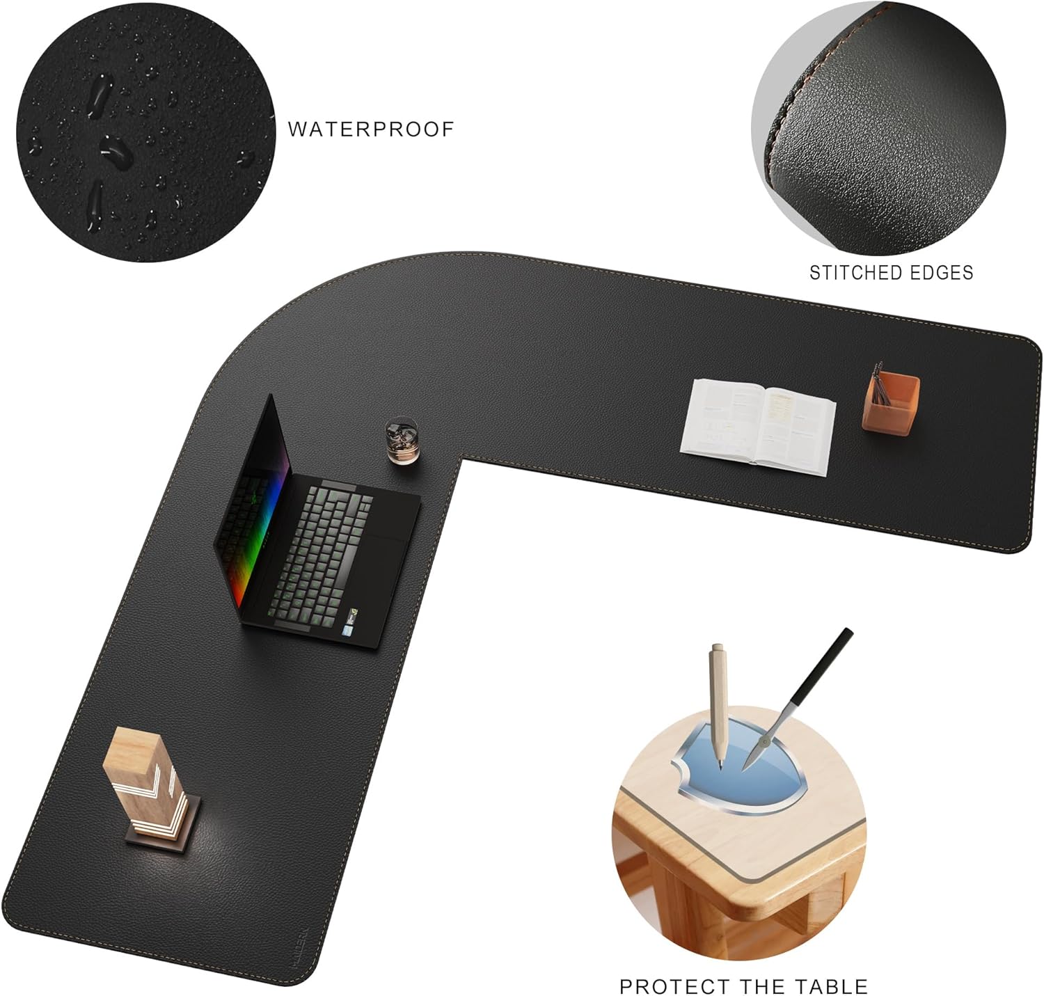 MAIDERN (59" + 59") x 19.6" Black Large L Shaped Desk Mat - Leather Gaming Corner Desk Pad for Office Computer - Image 4