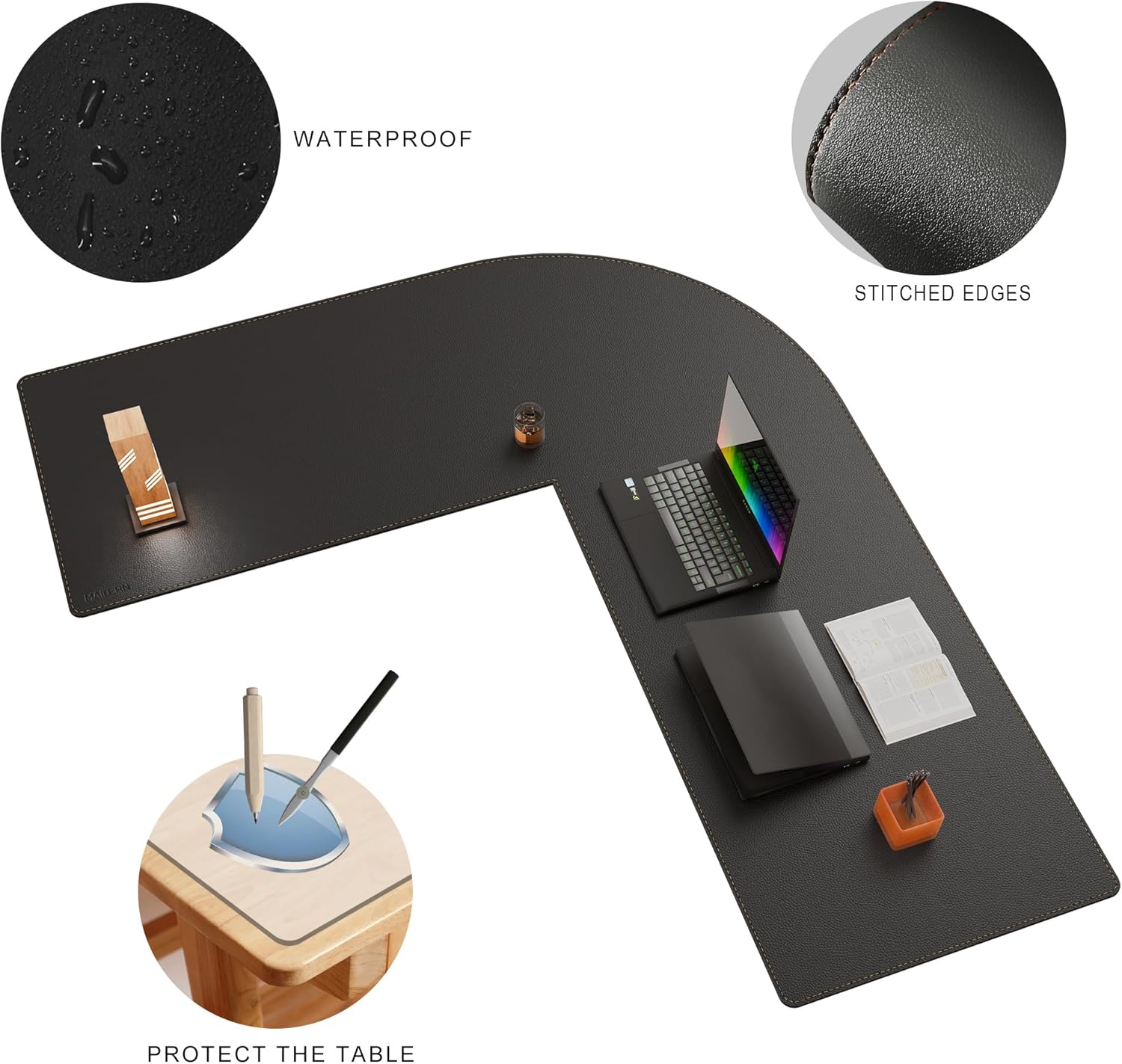 MAIDERN (59" + 67") x 23.6" Black Large L Shaped Desk Mat - Dual Sided Leather Gaming Corner Desk Pad for Office Computer - Image 4