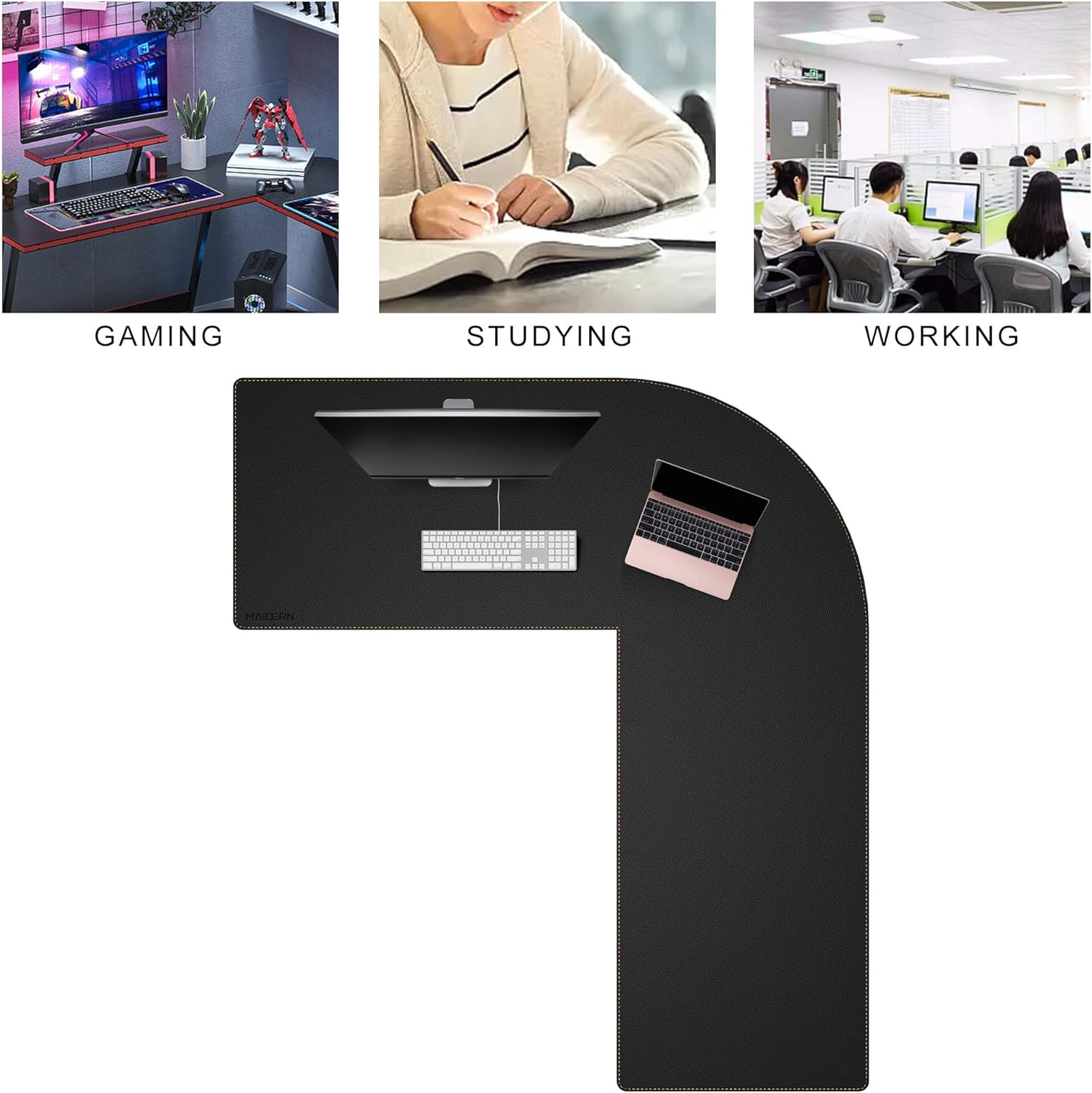 MAIDERN (59" + 67") x 23.6" Black Large L Shaped Desk Mat - Dual Sided Leather Gaming Corner Desk Pad for Office Computer - Image 5