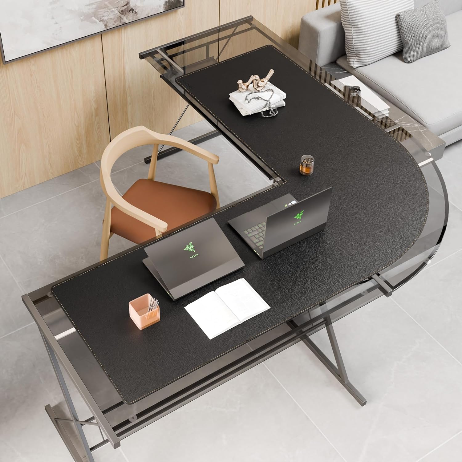 MAIDERN (59" + 67") x 23.6" Black Large L Shaped Desk Mat - Dual Sided Leather Gaming Corner Desk Pad for Office Computer - Image 2