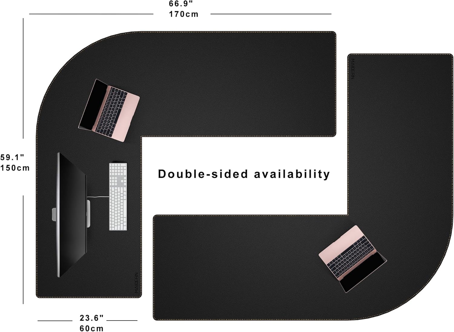 MAIDERN (59" + 67") x 23.6" Black Large L Shaped Desk Mat - Dual Sided Leather Gaming Corner Desk Pad for Office Computer - Image 3