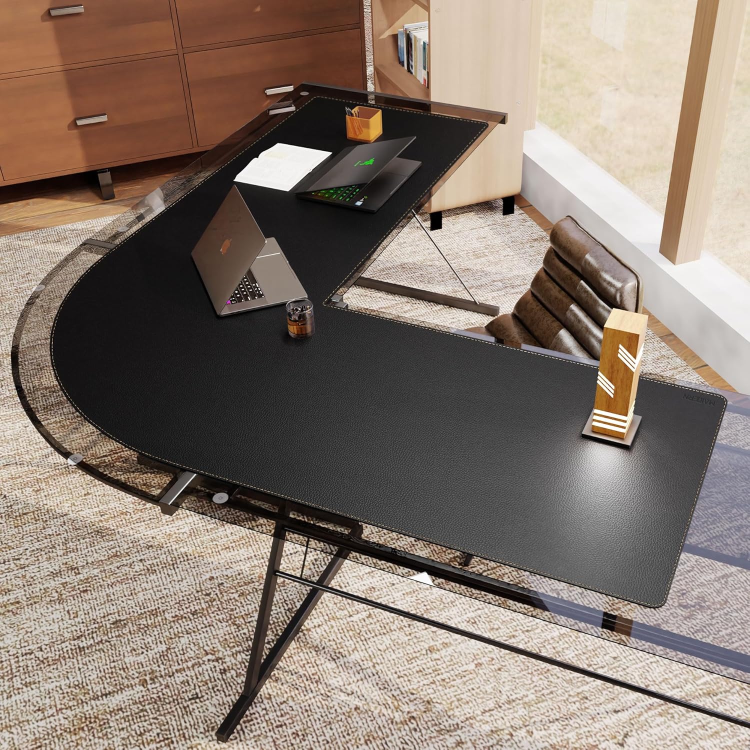 MAIDERN (59" + 67") x 23.6" Black Large L Shaped Desk Mat - Dual Sided Leather Gaming Corner Desk Pad for Office Computer - Image 6
